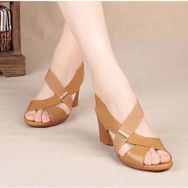 New Mid-heel Sandals Women Summer Shoes Comfortable High Heels Thick Heel Peep Toe Non-slip Soft Bottom Mother Shoes Slip-On