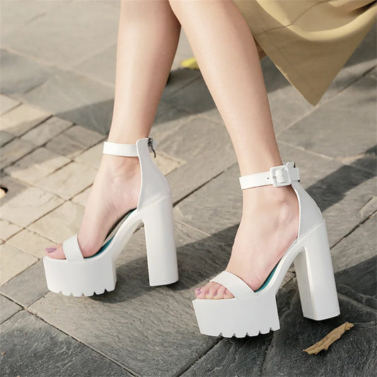 Big Size 34-43 Super High Heels 14cm Roman Sandals Women 2025 Summer PU Leather Platform Ladies Casual Chunky Heel Buckle Shoes