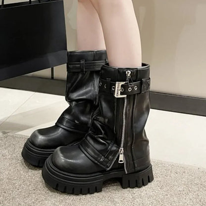 2024 Punk Platform Fold Ankle Boots for Women Belt Buckle Cool Combat Booties Goth Street Shoes For Women