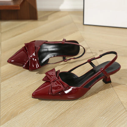 Women Pumps Red Wedding Shoes Bride Luxury Patent Leather Butterfly-knot Pointed Toe Adjustable Slingback Heels Elegant Sandals