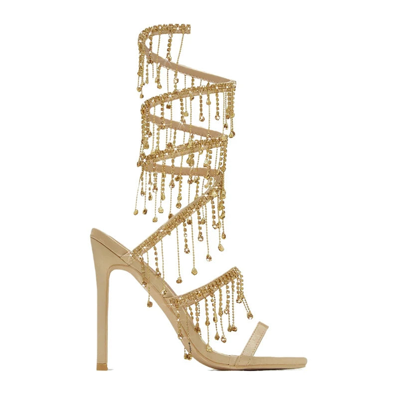 MM Stiletto Appliques Chain Strap Sandals Round Tote Rhinestone Thin Heel Butterfly Heels Women Shiny Tassel Leg Wrap Sandals