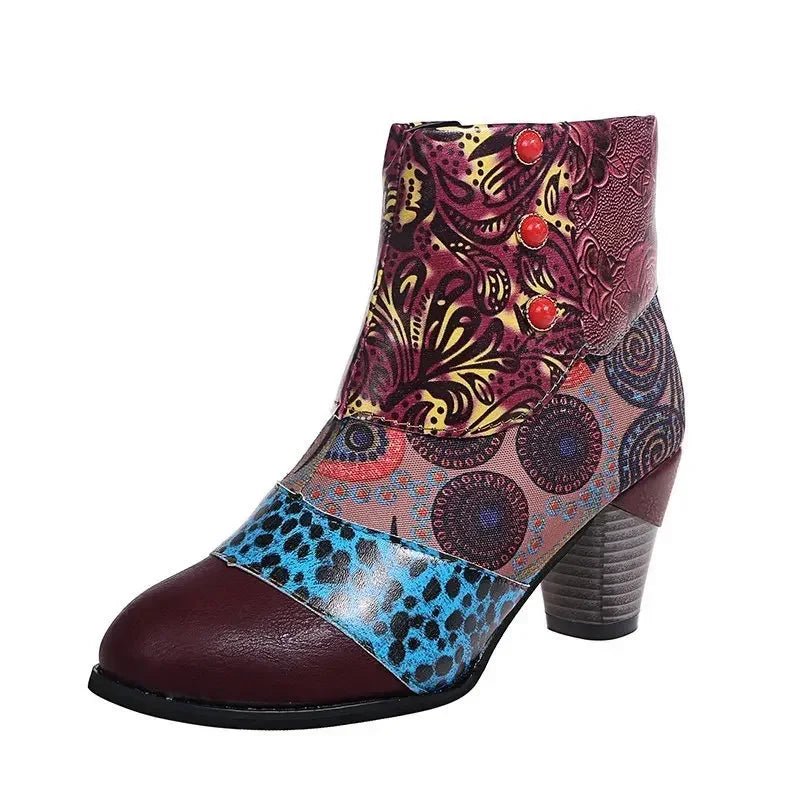 Vintage Splicing Printed Ankle Boots for Women Shoes Female PU Leather Retro Block High Heels Bohemian Ladies Winter Short Boots