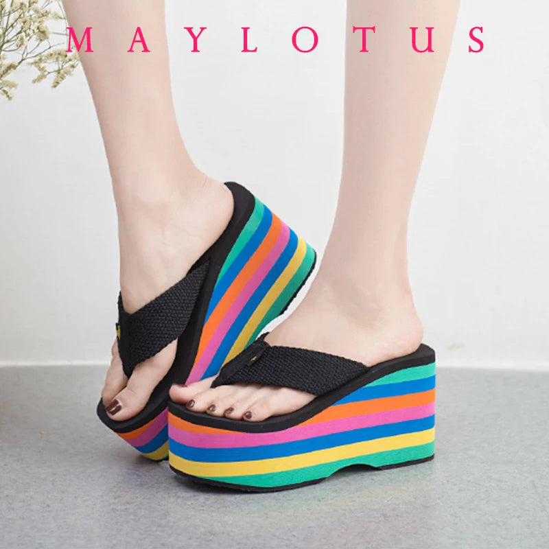 Women Flip Flops Beach Shoes Wedge Sandals High 10CM Heels Casual Peep Toe Platform Slippers Rainbow Summer Woman Slippers