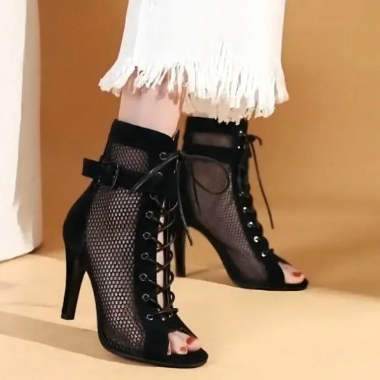 2023 Mesh Summer Ankle Boots High Heels Women Black White Shoes Peep Toe Sexy Lady Boot Party Luxury Thin Heeled Shoe