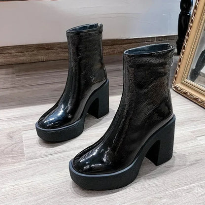 2025 New Platform Women Ankle Boots Leather Fashion High Heels Shoes Trend Designer Classic Chunky Pumps Goth Winter Botas Mujer