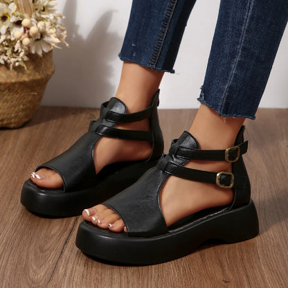 Retro Women Sandals Fashion Leather Women Boots Breathable Platform Shoes Designer Mid Heels Women Wedges Shoes Sandalias Mujer