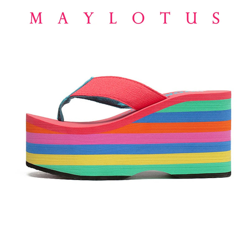 Women Flip Flops Beach Shoes Wedge Sandals High 10CM Heels Casual Peep Toe Platform Slippers Rainbow Summer Woman Slippers