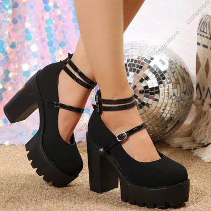 Comemore Pink Chunky Heeled Ankle Strap Pumps Sweet Platform Square Heel Woman High Heels Pumps Platform Shoes Spring Woman Shoe