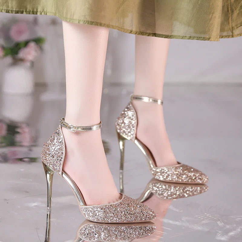 2025 New Woman Pumps Luxury Sequins High Heels Summer Women Party Shoes Fashion Sexy Gold Sliver Stiletto Heels Ladies Sandals