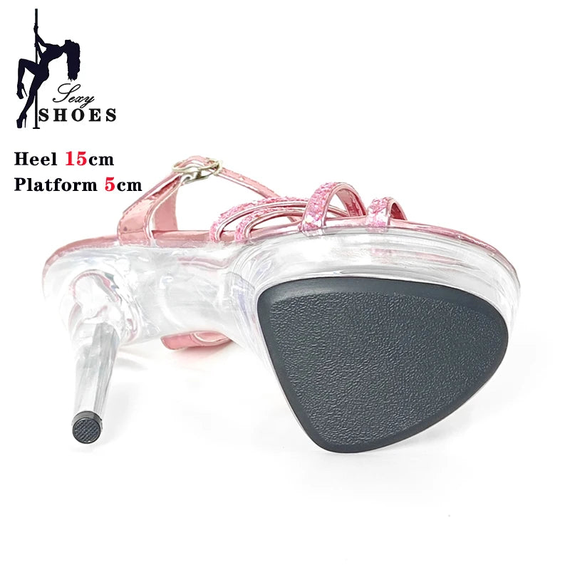 New Women Slippers Fashion Female Models Station Catwalk Show Sexy Crystal Transparent Shoes Summer 15cm Thin High Heels Sandals