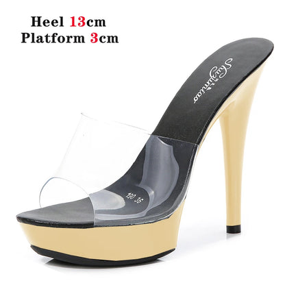 Stripper Heels Slipper female SANDAL WOMAN Summer PVC Slides Waterproof 13cm Thick Bottomed Nightclub Sexy High-heeled  Platform