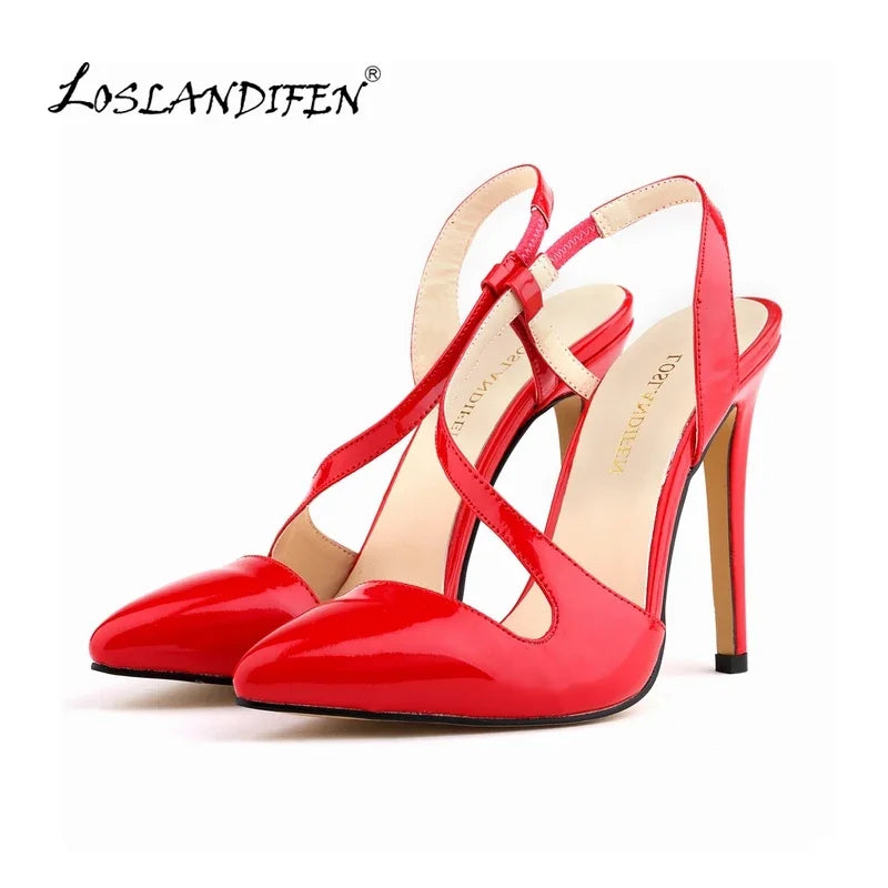 LOSLANDIFEN New Women Pumps Pointed Toe Stiletto High Heels Shoes Sexy Summer Autumn Ladies Red Wedding Leather  302-15PA