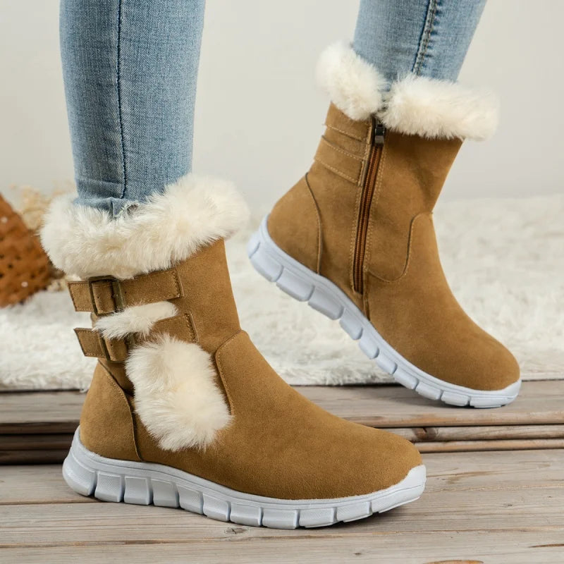 Winter Round Toe Plus Velvet Warm Side Zipper Casual Mid-calf Boots New Comfortable Fashionable Buckle Flat Snow Boots for Women
