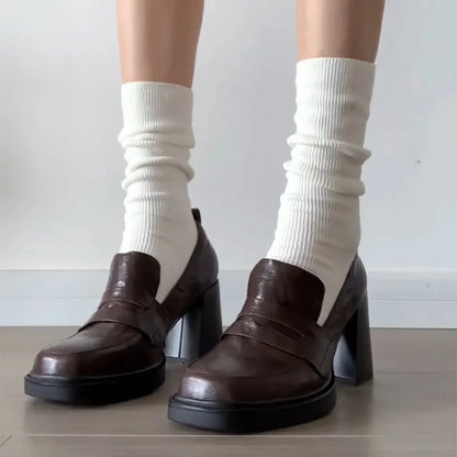 2025 New Retro pu Leather Slip On Women Pumps Ladies Loafers Dress Shoes Thick High Heels Platform Shoes