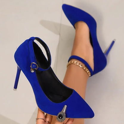 Blue Satin Ankle Strap High Heels Pumps Women Sexy Pointed Toe Stiletto Heeled Banquet Dress Shoes Woman Elegant Pumps Mujer