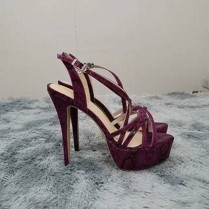 Women Sandals Catwalk Shows 14CM Open Toe Platform High Heels Snake Pattern Stilettos Sexy Ankle Strap Gladiator Party Shoes