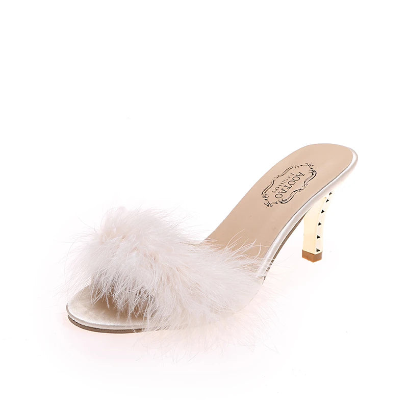 2025 Summer Women's Stiletto Sandals Party Women Sandals High Heels Furry Shoes Женские Сандалии На Платформе Shoes for Women