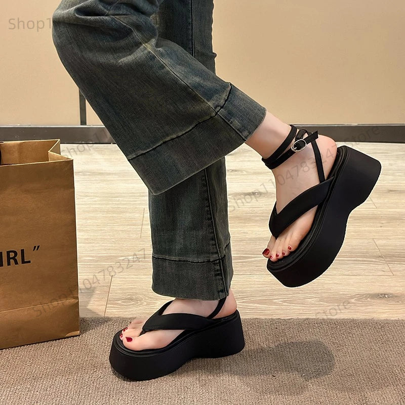 Women Heeled Sandals High Heels Clip Toe Shoes Platform Buckle Flip Flops 2025 Summer Fashion Pumps Slingback Sandalias De Mujer