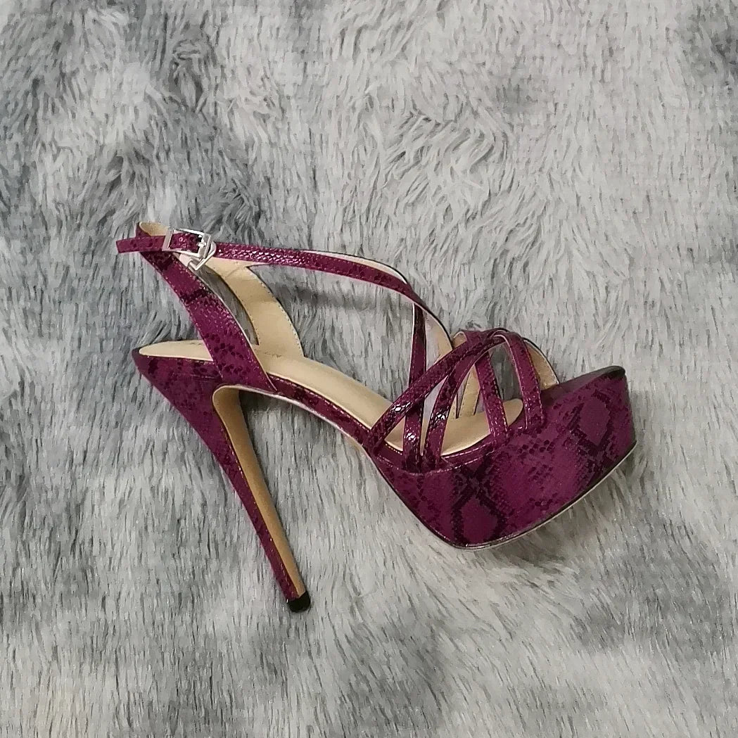 Women Sandals Catwalk Shows 14CM Open Toe Platform High Heels Snake Pattern Stilettos Sexy Ankle Strap Gladiator Party Shoes