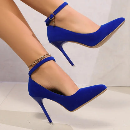 Blue Satin Ankle Strap High Heels Pumps Women Sexy Pointed Toe Stiletto Heeled Banquet Dress Shoes Woman Elegant Pumps Mujer