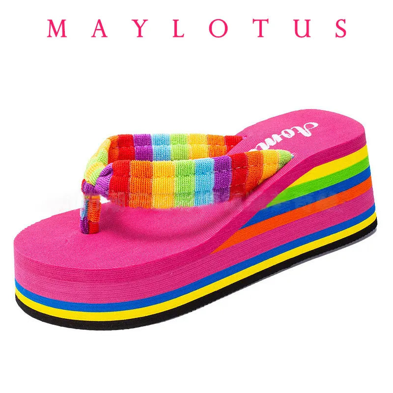 Women Flip Flops Beach Shoes Wedge Sandals High 10CM Heels Casual Peep Toe Platform Slippers Rainbow Summer Woman Slippers
