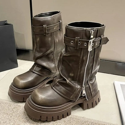 2024 Punk Platform Fold Ankle Boots for Women Belt Buckle Cool Combat Booties Goth Street Shoes For Women