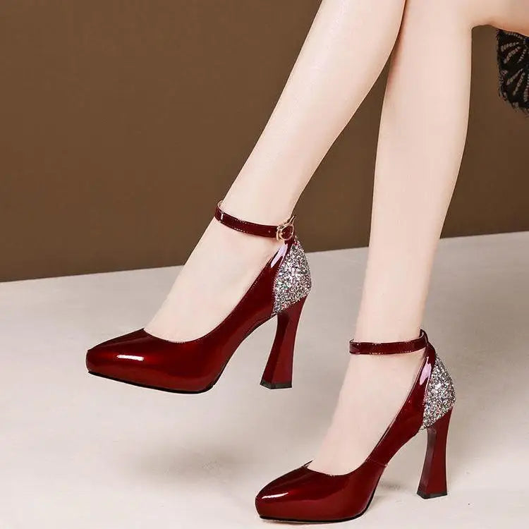 2021 Leather Shoes Woman High Heels Women Platforms Pumps Thick Heel Mixed-colors Fashion Pointed toe Brown