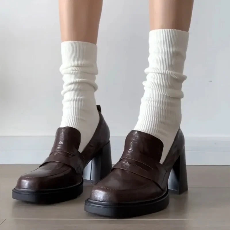 2025 New Retro pu Leather Slip On Women Pumps Ladies Loafers Dress Shoes Thick High Heels Platform Shoes