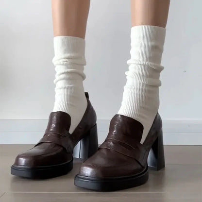 2025 New Retro pu Leather Slip On Women Pumps Ladies Loafers Dress Shoes Thick High Heels Platform Shoes